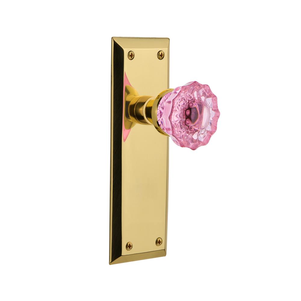 Nostalgic Warehouse NYKCRP Colored Crystal New York Plate Passage Crystal Pink Glass Door Knob in Polished Brass